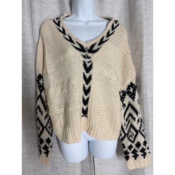 POL Sweaters - POL Clothing Women Cream Black Tribal Geometric Knit V-Neck Sweater BST217A Med